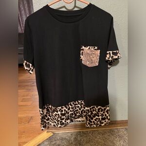 Black Tee with Leopard and Pocket